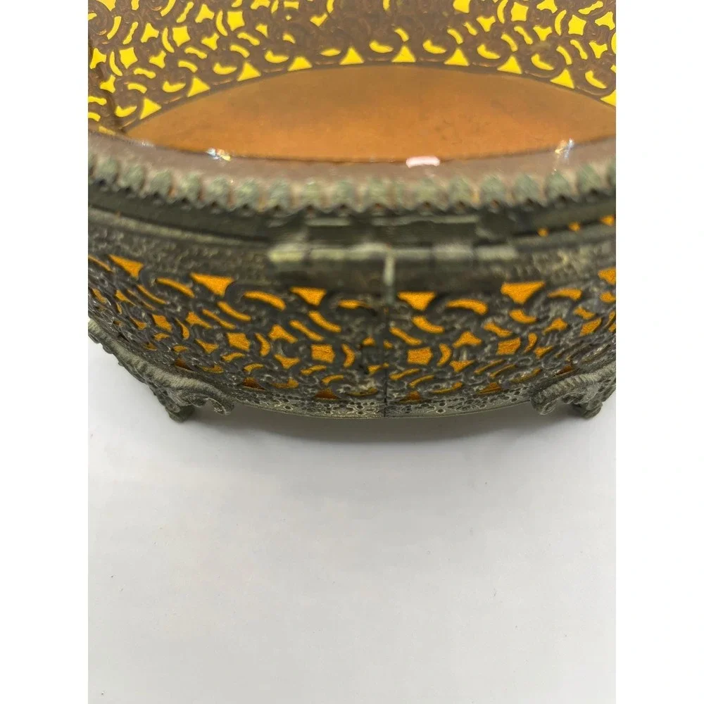 Vintage Ornate Filigree Jewelry Box Amber‎ Glass Oval Footed Trinket Casket